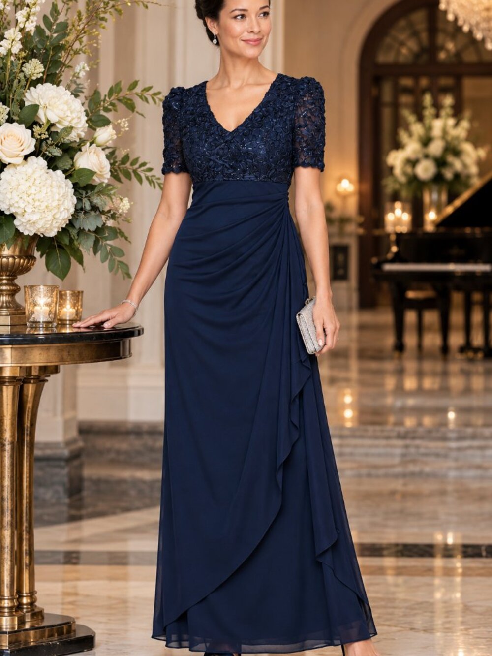 Alex Evenings Petite Navy Rosette Sequin Formal Gown 12P NWT
